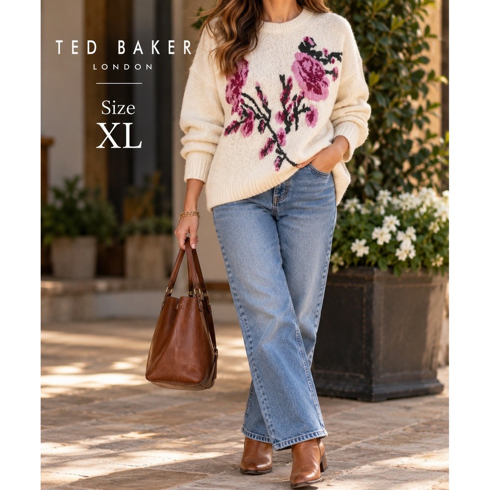 Ted Baker London Cream Floral Wool Blend Sweater XL Pink Purple Pullover